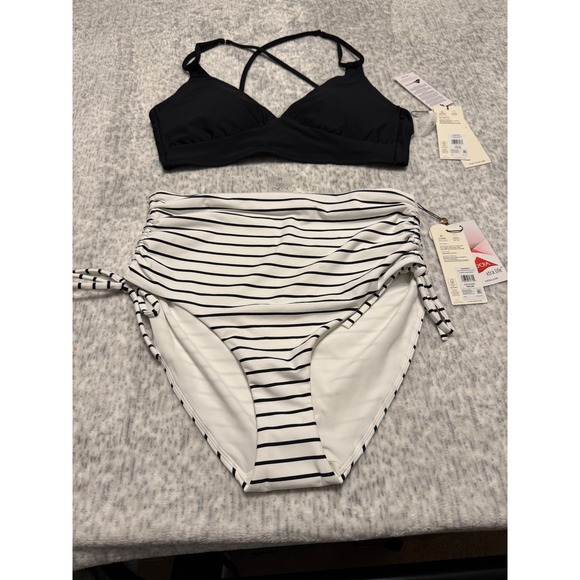 Calia Other - Calia Womens swim Bikini Set Black Halter Top Striped High Waisted Bottoms NWT